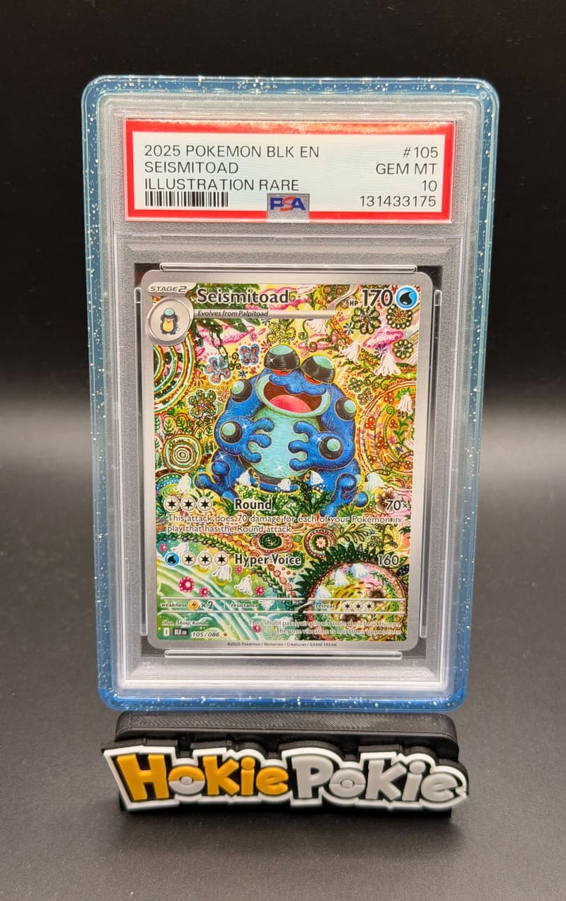 Seismitoad, PSA 10 graded, card 105 of 86 from the 2025 Black Bolt Pokémon TCG set.