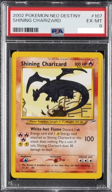 Shining Charizard, PSA 6 graded, card 107 of 105 from the 2002 Neo Destiny Pokémon TCG set.
