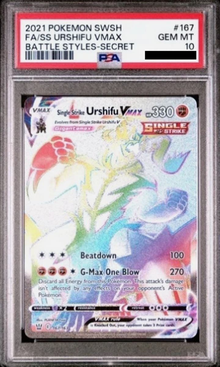 Single Strike Urshifu VMAX, PSA 10 graded, card 167 of 163 from the 2021 Battle Styles Pokémon TCG set.