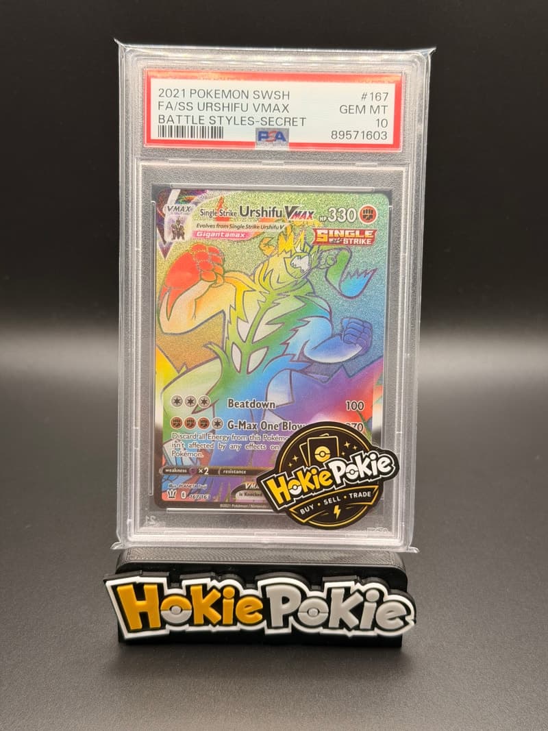 Single Strike Urshifu VMAX, PSA 10 graded, card 167 of 163 from the 2021 Battle Styles Pokémon TCG set. Actual photo of the card in hand.