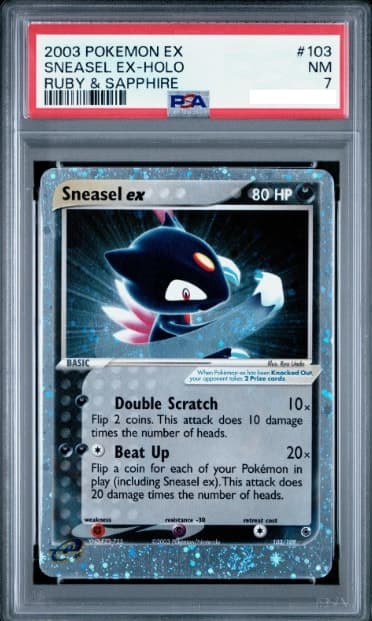 Sneasel ex, PSA 7 graded, card 103 of 109 from the 2003 EX Ruby & Sapphire Pokémon TCG set.