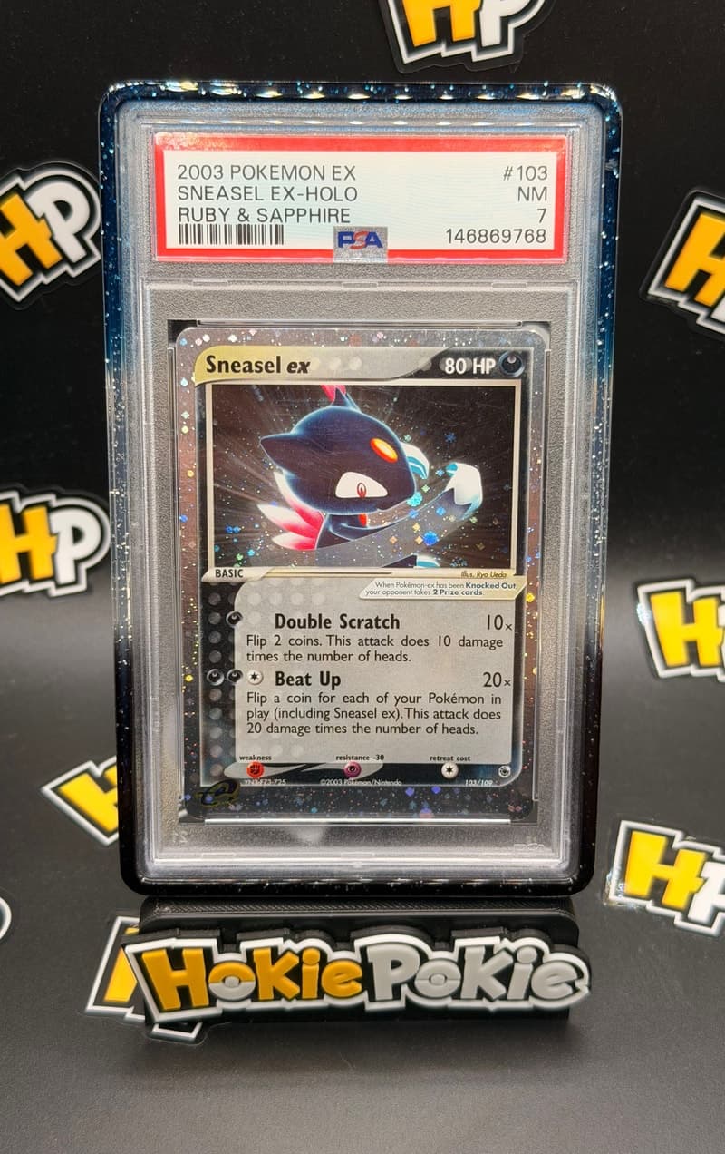 Sneasel ex, PSA 7 graded, card 103 of 109 from the 2003 EX Ruby & Sapphire Pokémon TCG set.