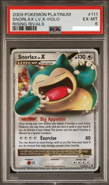 Snorlax LV.X, PSA 6 graded, card 111 of 111 from the 2009 Rising Rivals Pokémon TCG set.