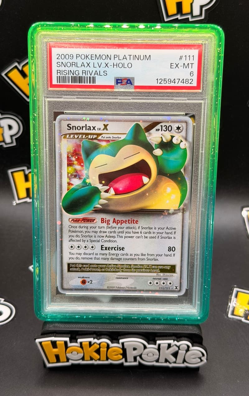 Snorlax LV.X, PSA 6 graded, card 111 of 111 from the 2009 Rising Rivals Pokémon TCG set.