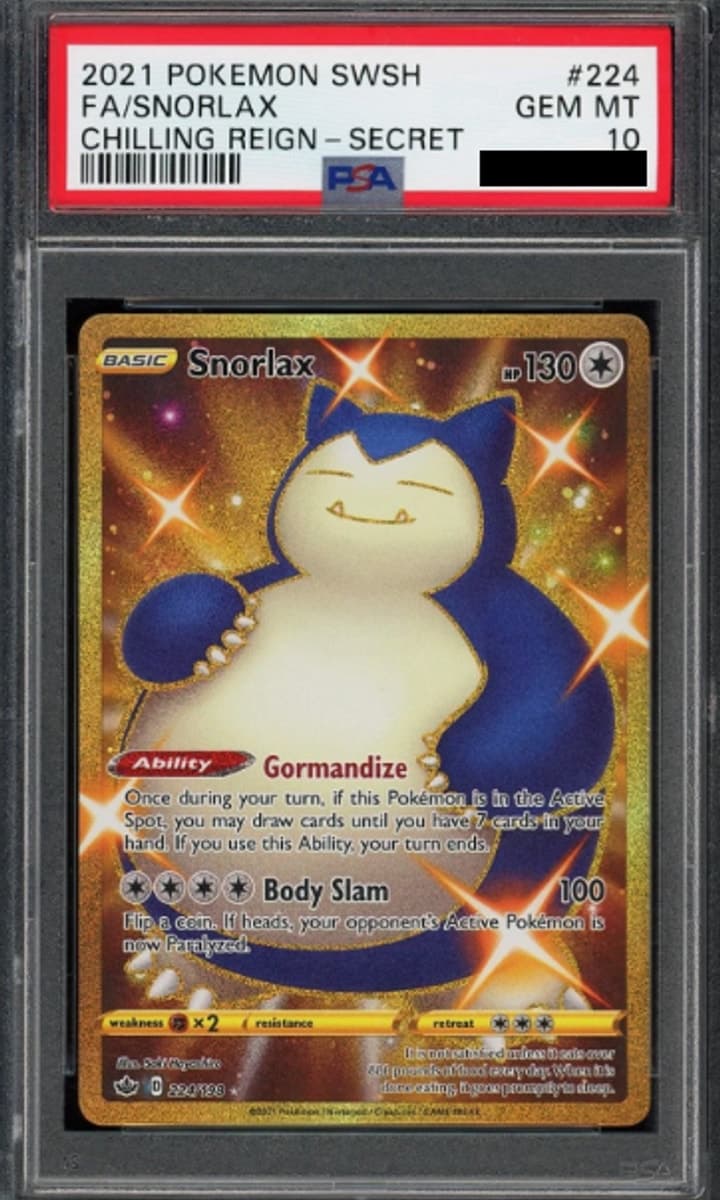 Snorlax, PSA 10 graded, card 224 of 198 from the 2021 Chilling Reign Pokémon TCG set.