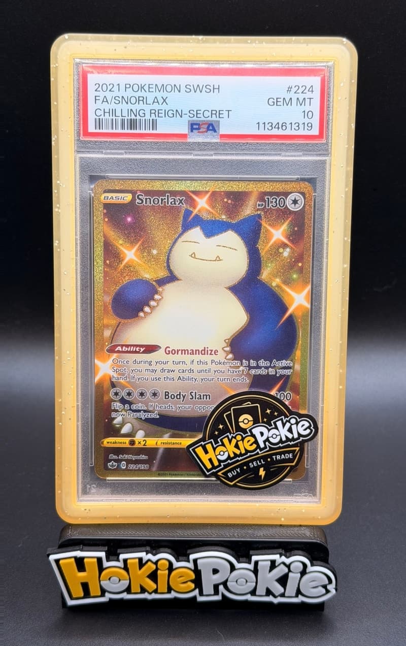 Snorlax, PSA 10 graded, card 224 of 198 from the 2021 Chilling Reign Pokémon TCG set.