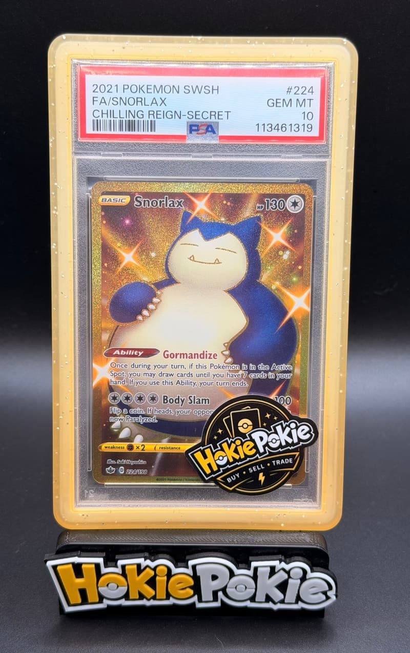 Snorlax, PSA 10 graded, card 224 of 198 from the 2021 Chilling Reign Pokémon TCG set.