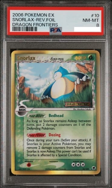 Snorlax, PSA 8 graded, card 10 of 101 from the 2006 EX Dragon Frontiers Pokémon TCG set.