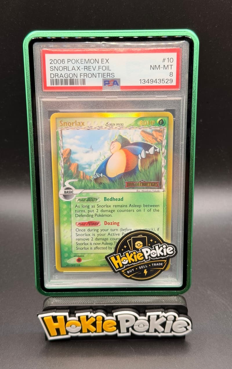 Snorlax, PSA 8 graded, card 10 of 101 from the 2006 EX Dragon Frontiers Pokémon TCG set.