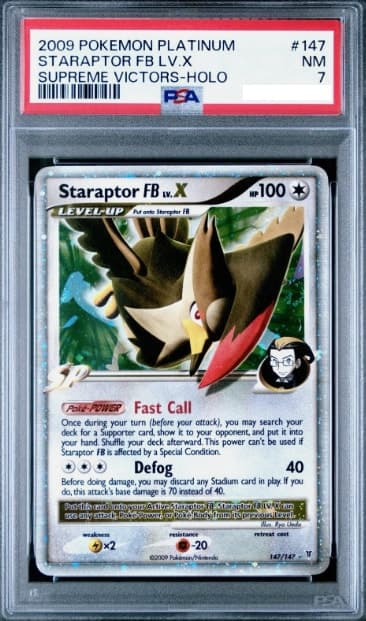 Staraptor FB LV.X, PSA 7 graded, card 147 of 147 from the 2009 Supreme Victors Pokémon TCG set.