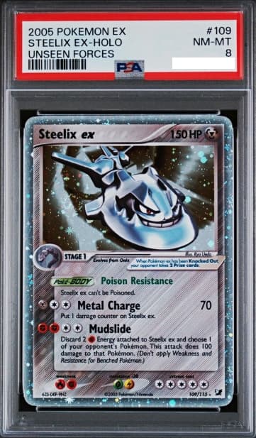 Steelix ex, PSA 8 graded, card 109 of 115 from the 2005 EX Unseen Forces Pokémon TCG set.