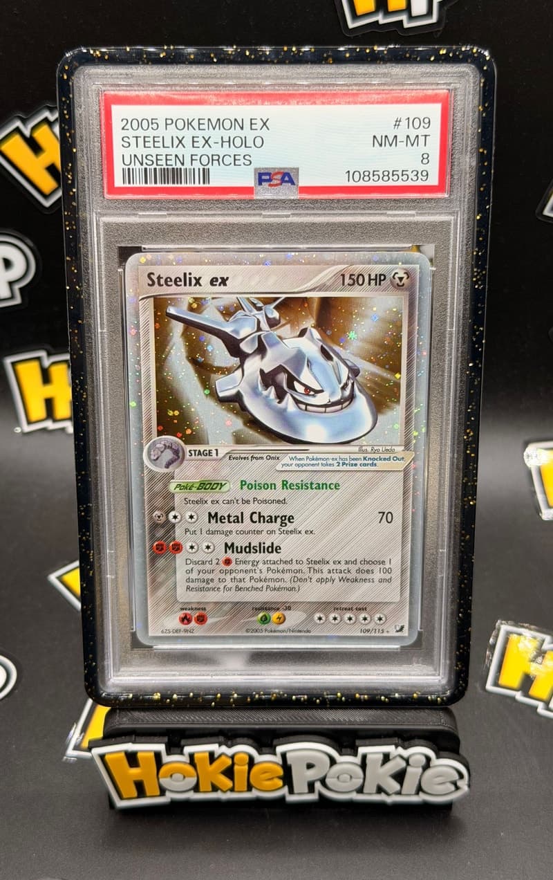 Steelix ex, PSA 8 graded, card 109 of 115 from the 2005 EX Unseen Forces Pokémon TCG set. Actual photo of the card in hand.