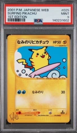 Surfing Pikachu, PSA 9 graded, card 25 of 48 from the 2001 Pokémon Web (Japanese) Pokémon TCG set.