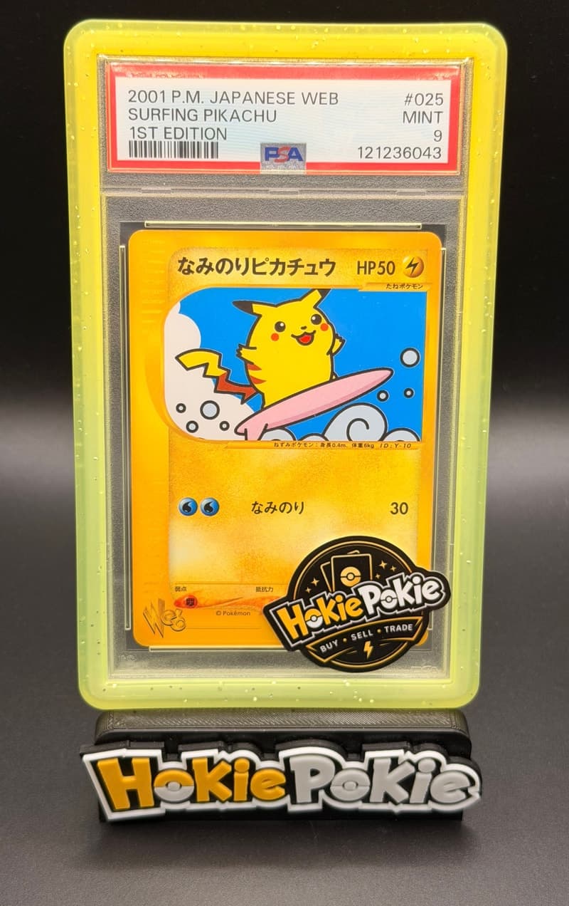 Surfing Pikachu, PSA 9 graded, card 25 of 48 from the 2001 Pokémon Web (Japanese) Pokémon TCG set.