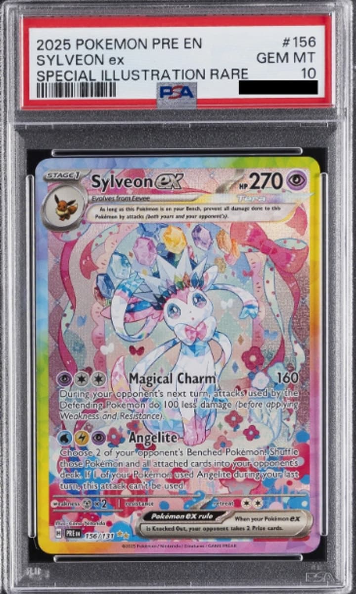 Sylveon ex, PSA 10 graded, card 156 of 131 from the 2025 Prismatic Evolutions Pokémon TCG set.