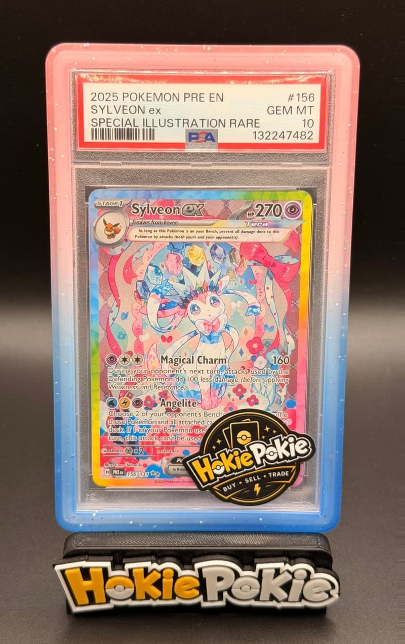 Sylveon ex, PSA 10 graded, card 156 of 131 from the 2025 Prismatic Evolutions Pokémon TCG set.