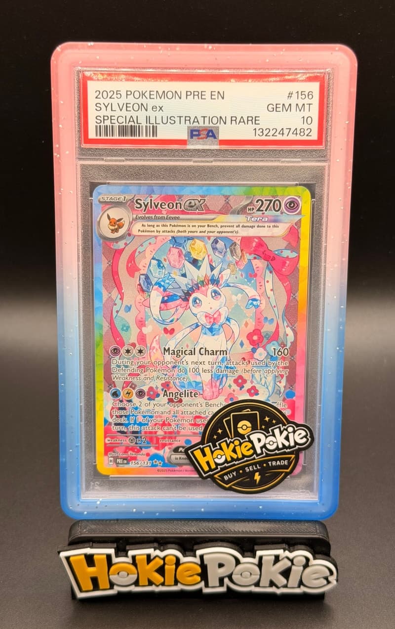 Sylveon ex, PSA 10 graded, card 156 of 131 from the 2025 Prismatic Evolutions Pokémon TCG set.