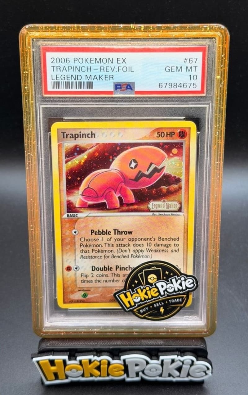 Trapinch, PSA 10 graded, card 67 of 92 from the 2006 EX Legend Maker Pokémon TCG set. Actual photo of the card in hand.