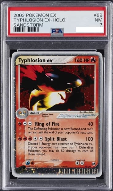 Typhlosion ex, PSA 7 graded, card 99 of 100 from the 2003 EX Sandstorm Pokémon TCG set.