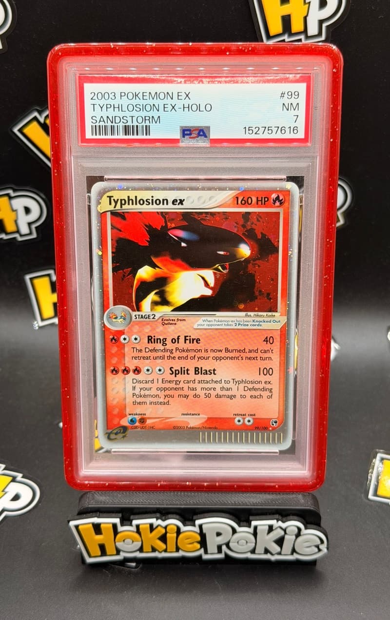 Typhlosion ex, PSA 7 graded, card 99 of 100 from the 2003 EX Sandstorm Pokémon TCG set.