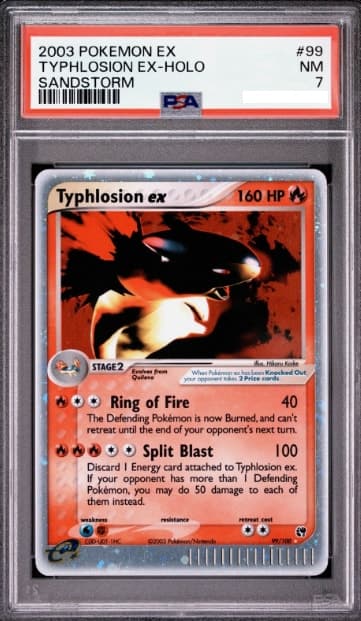 Typhlosion ex, PSA 7 graded, card 99 of 100 from the 2003 EX Sandstorm Pokémon TCG set.