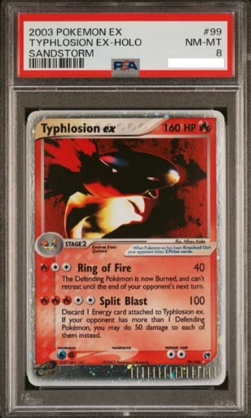 Typhlosion ex, PSA 8 graded, card 99 of 100 from the 2003 EX Sandstorm Pokémon TCG set.