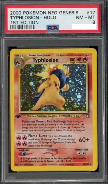 Typhlosion, PSA 8 graded, card 17 of 111 from the 2000 Neo Genesis Pokémon TCG set.