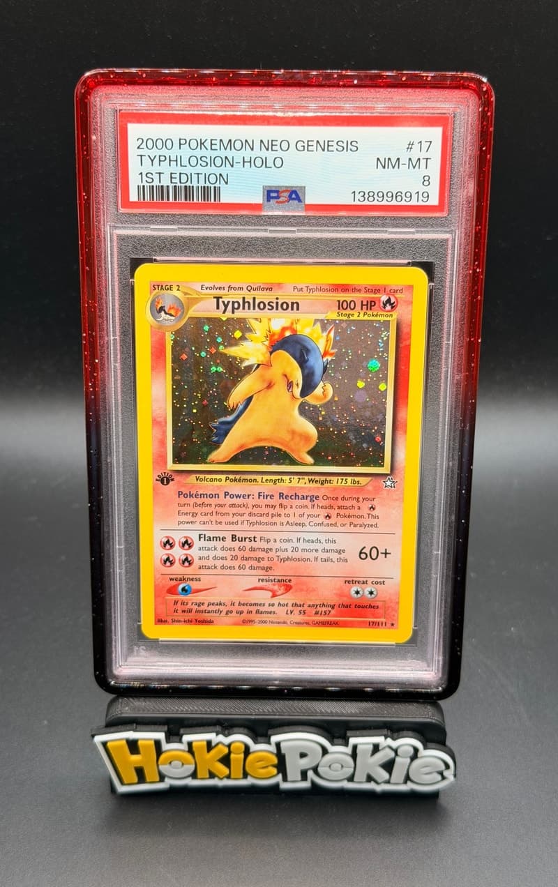 Typhlosion, PSA 8 graded, card 17 of 111 from the 2000 Neo Genesis Pokémon TCG set.