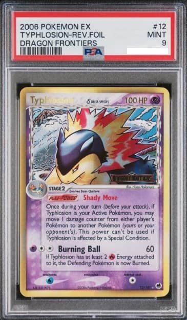 Typhlosion, PSA 9 graded, card 12 of 101 from the 2006 EX Dragon Frontiers Pokémon TCG set.