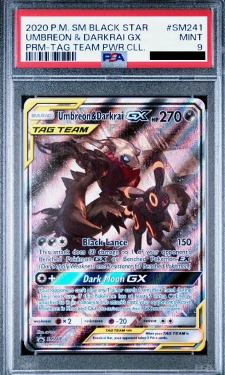 Umbreon & Darkrai GX, PSA 9 graded, card SM241 from the 2018 SM Black Star Promos Pokémon TCG set.