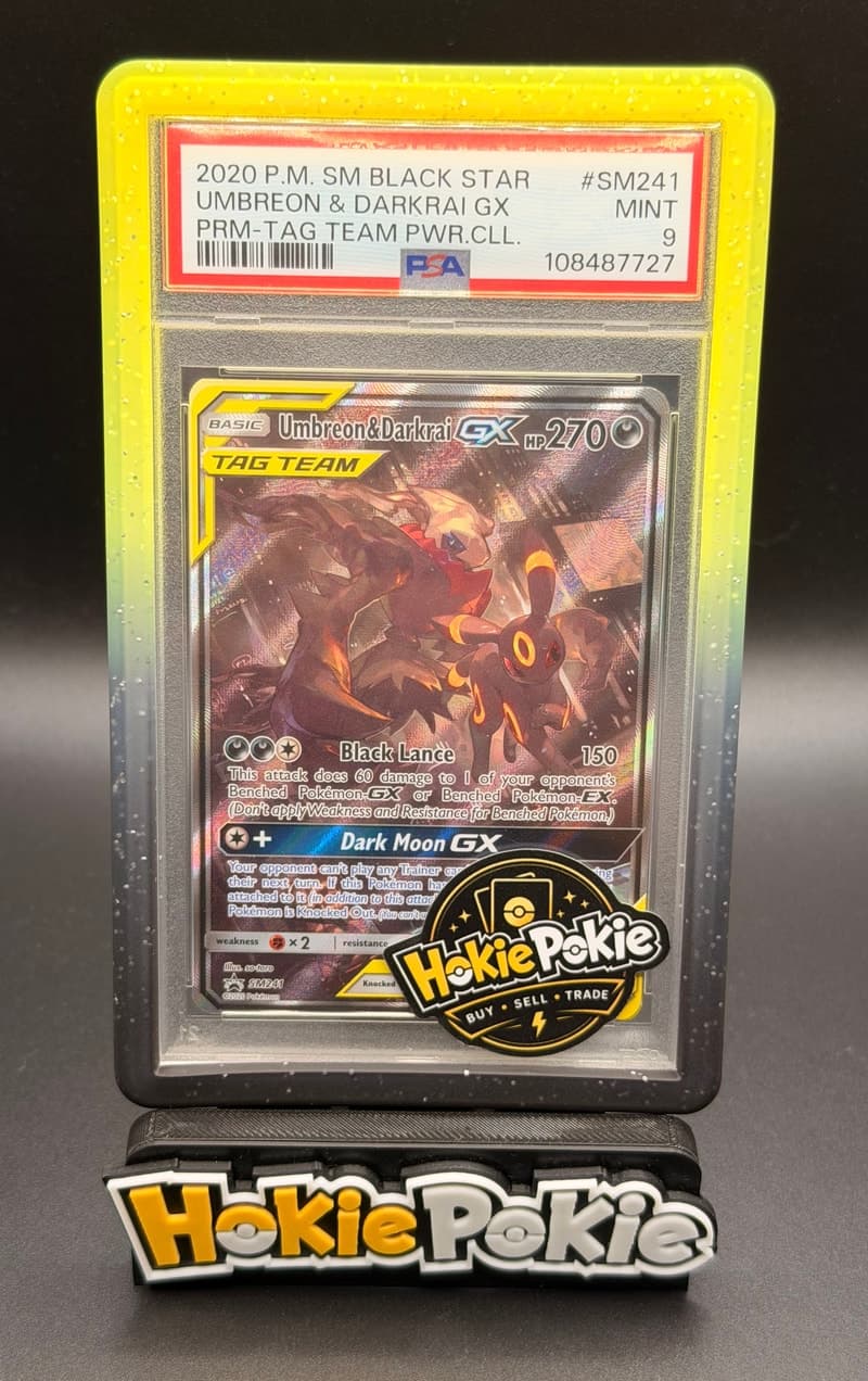 Umbreon & Darkrai GX, PSA 9 graded, card SM241 from the 2018 SM Black Star Promos Pokémon TCG set.