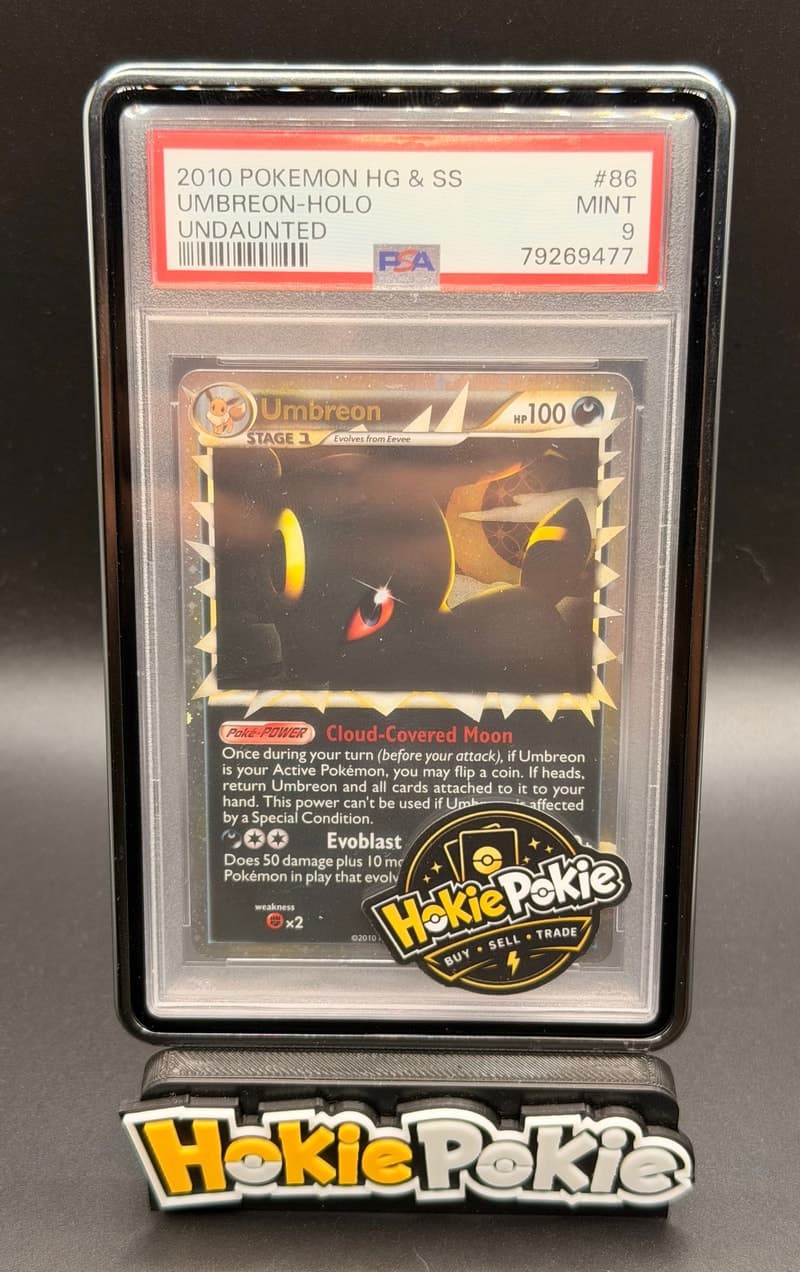 Umbreon Prime, PSA 9 graded, card 86 of 90 from the 2010 HS Undaunted Pokémon TCG set. Actual photo of the card in hand.