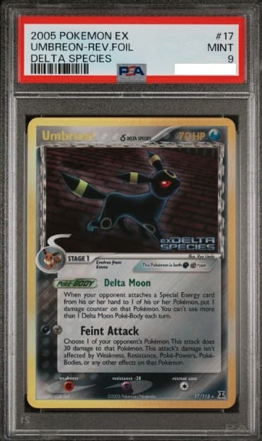 Umbreon, PSA 9 graded, card 17 of 113 from the 2005 EX Delta Species Pokémon TCG set.