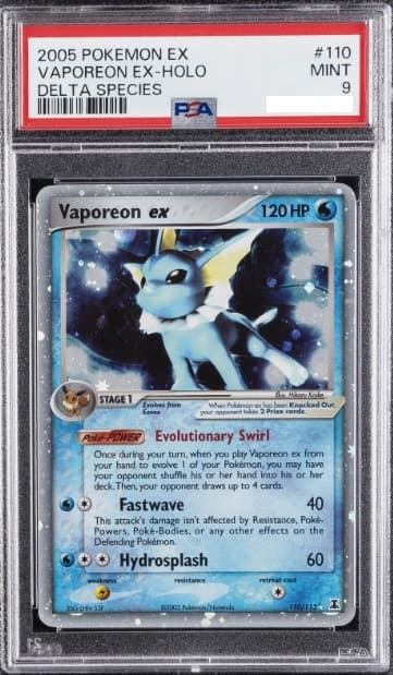 Vaporeon ex, PSA 9 graded, card 110 of 113 from the 2005 EX Delta Species Pokémon TCG set.