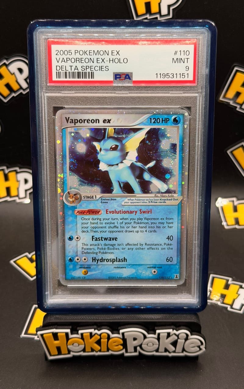 Vaporeon ex, PSA 9 graded, card 110 of 113 from the 2005 EX Delta Species Pokémon TCG set.