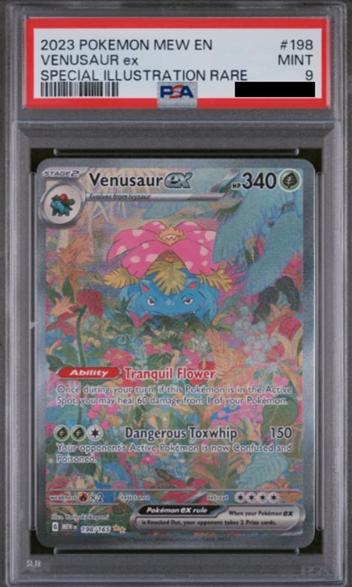 Venusaur ex, PSA 9 graded, card 198 of 165 from the 2023 Scarlet & Violet 151 Pokémon TCG set.