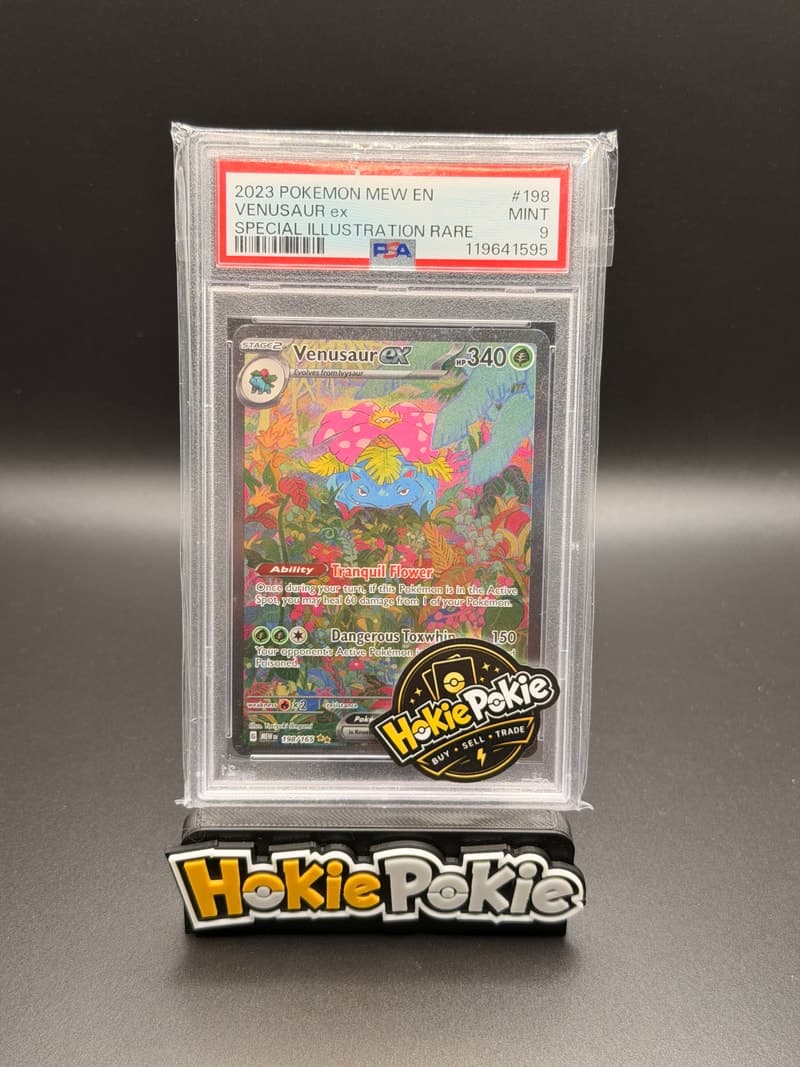 Venusaur ex, PSA 9 graded, card 198 of 165 from the 2023 Scarlet & Violet 151 Pokémon TCG set. Actual photo of the card in hand.