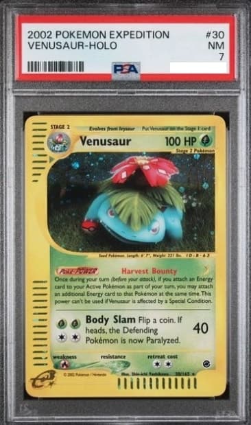 Venusaur, PSA 7 graded, card 30 of 165 from the 2002 Expedition Base Set Pokémon TCG set.
