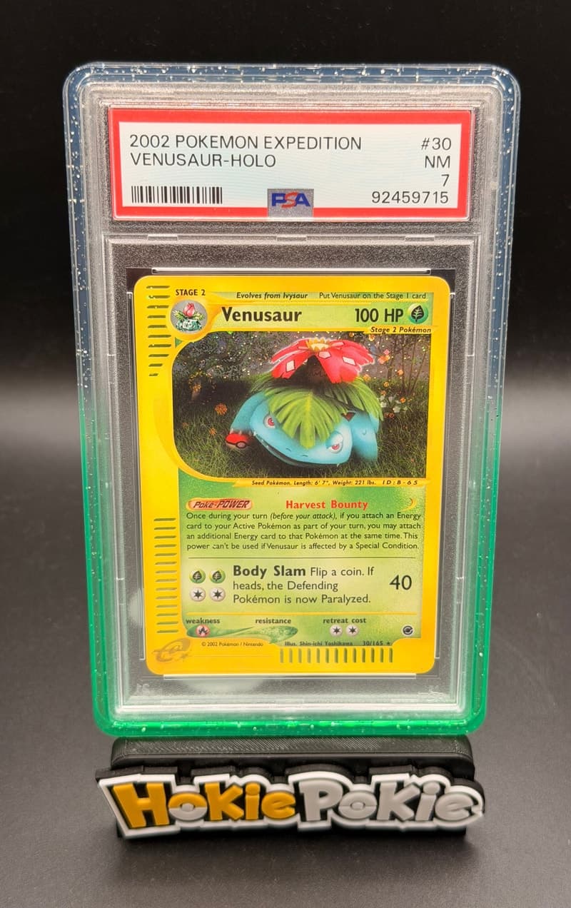 Venusaur, PSA 7 graded, card 30 of 165 from the 2002 Expedition Base Set Pokémon TCG set.
