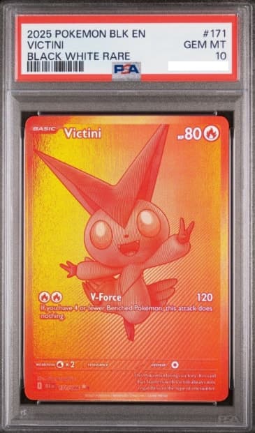 Victini, PSA 10 graded, card 171 of 86 from the 2025 Black Bolt Pokémon TCG set.