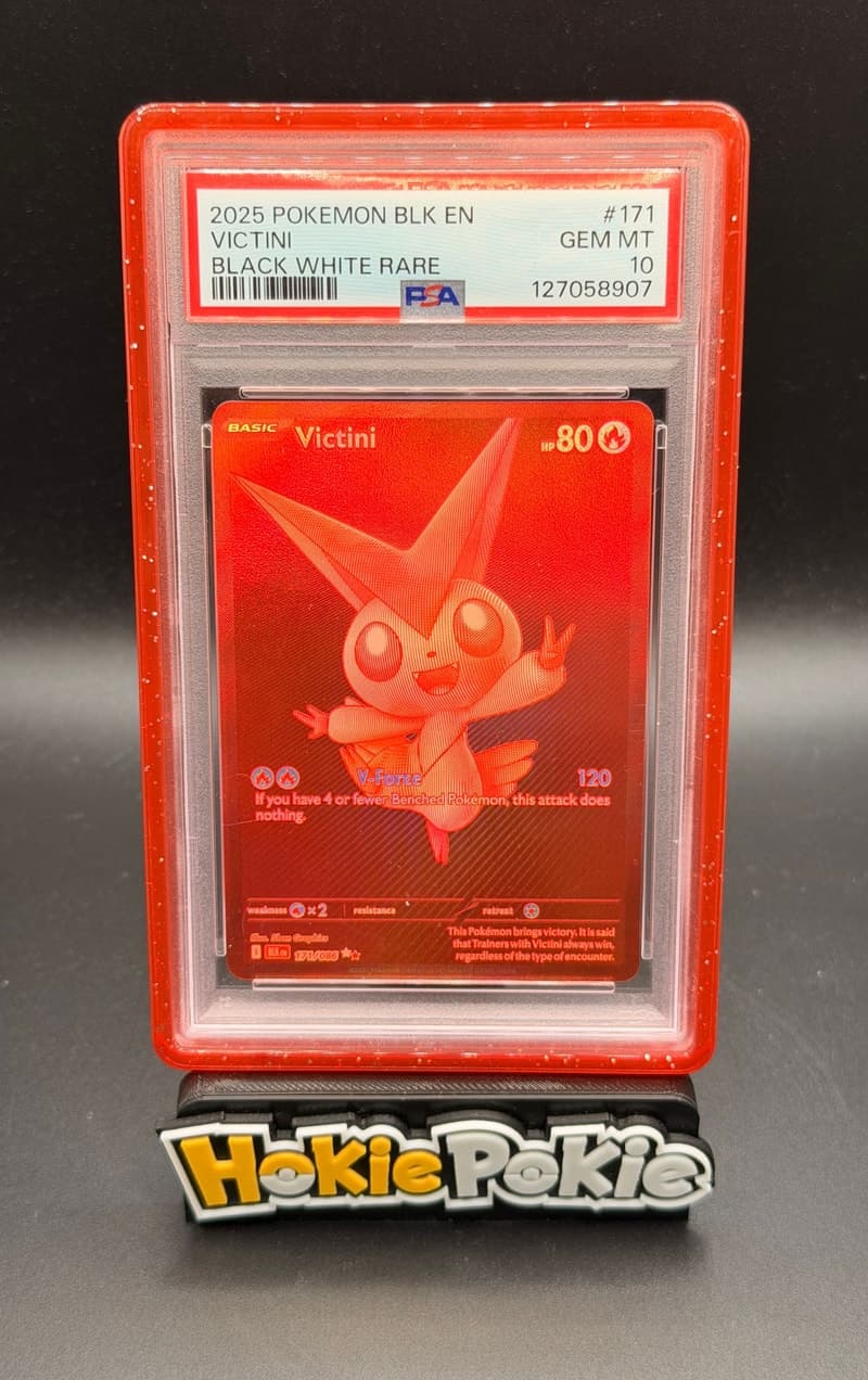 Victini, PSA 10 graded, card 171 of 86 from the 2025 Black Bolt Pokémon TCG set. Actual photo of the card in hand.