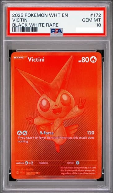Victini, PSA 10 graded, card 172 of 86 from the 2025 White Flare Pokémon TCG set.