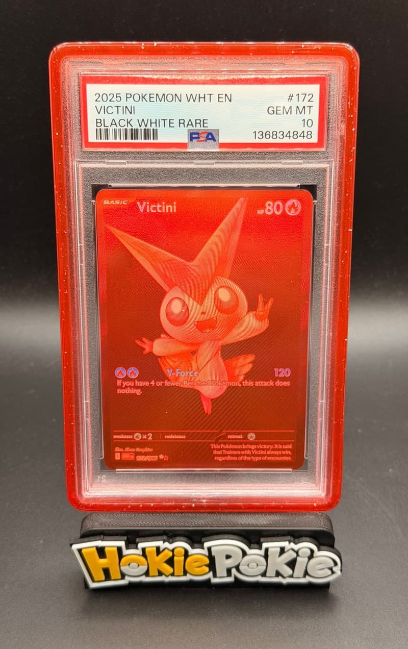 Victini, PSA 10 graded, card 172 of 86 from the 2025 White Flare Pokémon TCG set. Actual photo of the card in hand.