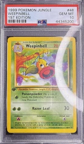 Weepinbell, PSA 10 graded, card 48 of 64 from the Jungle Pokémon TCG set.