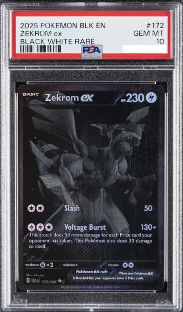 Zekrom ex, PSA 10 graded, card 172 of 86 from the 2025 Black Bolt Pokémon TCG set.